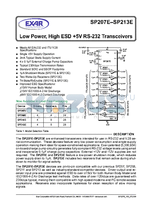 SP207E datasheet - Low Power, High ESD 5V RS-232 Transceivers
