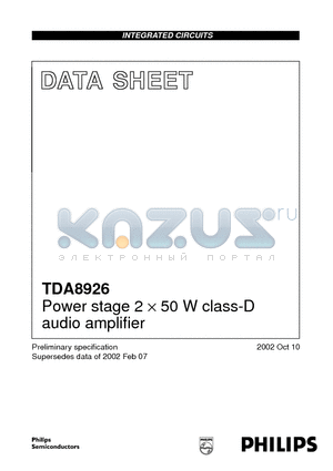 TDA8926 datasheet - Power stage 2 x 50 W class-D audio amplifier