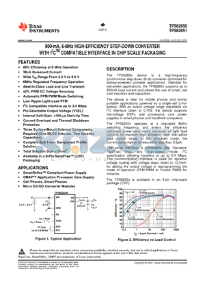 TPS62650YFFR datasheet - 800-mA 6-MHz HIGH-EFFICIENCY STEP-DOWN CONVERTER WITH I2CTM COMPATIBLE INTERFACE IN CHIP SCALE PACKAGING