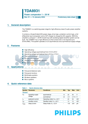 TDA8931 datasheet - Power comparator 1 X 20 W