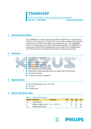 TDA8943 datasheet - 6 W mono Bridge Tied Load BTL audio amplifier