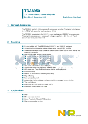 TDA8950J datasheet - 2 X 150 W class-D power amplifier