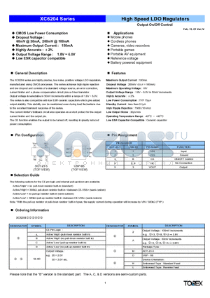 XC6204182L datasheet - High Speed LDO Regulators