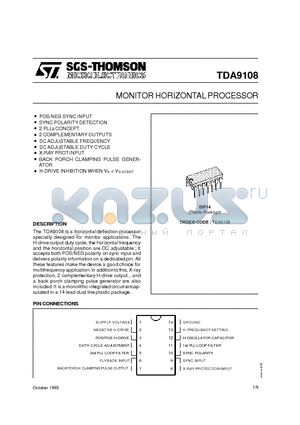 TDA9108 datasheet - MONITOR HORIZONTAL PROCESSOR