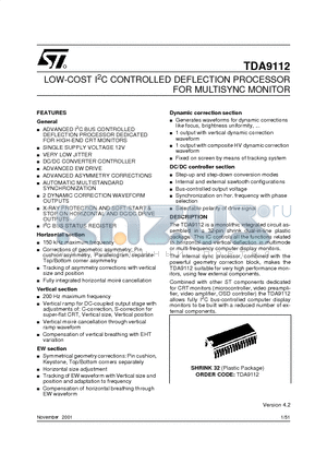 TDA9112 datasheet - LOW-COST I2C CONTROLLED DEFLECTION PROCESSOR FOR MULTISYNC MONITOR