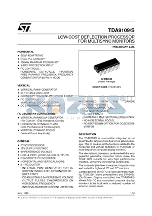 TDA9109S datasheet - LOW-COST DEFLECTION PROCESSOR FOR MULTISYNC MONITORS