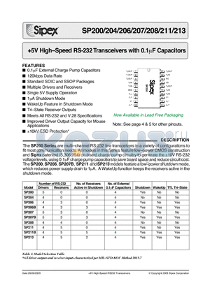 SP208CT/TR datasheet - 5V High-Speed RS-232 Transceivers with 0.1mF Capacitors