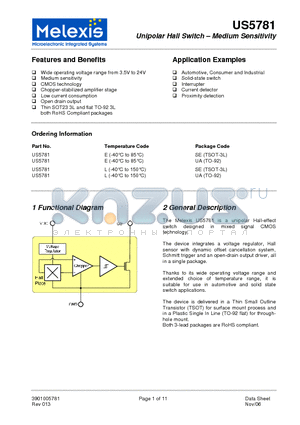US5781 datasheet - Unipolar Hall Switch - Medium Sensitivity
