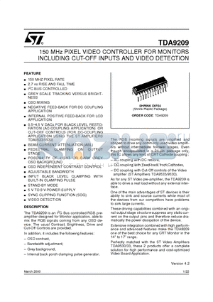 TDA9209 datasheet - 150 MHz PIXEL VIDEO CONTROLLER FOR MONITORS INCLUDING CUT-OFF INPUTS AND VIDEO DETECTION