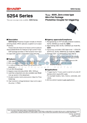 S2S4A datasheet - Zero cross type Mini-Flat Package Phototriac Coupler for triggering