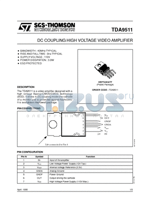 TDA9511 datasheet - DC COUPLING HIGH VOLTAGE VIDEO AMPLIFIER