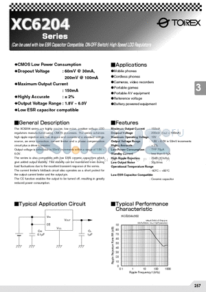 XC6204A062MR datasheet - (Can be used with low ESR Capacitor Compatible. ON-OFF Switch) High Speed LDO Regulators