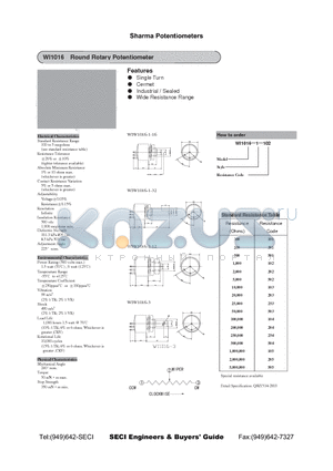 W1016-2-103 datasheet - Round Rotary Potentiometer