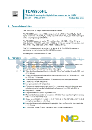 TDA9955HL datasheet - Triple 8-bit analog-to-digital video converter for HDTV