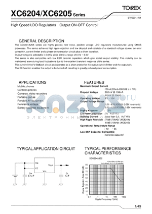 XC6204A102DL datasheet - High Speed LDO Regulators Output ON-OFF Control