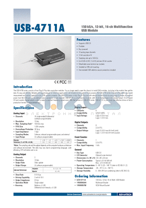 USB-4711A datasheet - 150 kS/s, 12-bit, 16-ch Multifunction USB Module