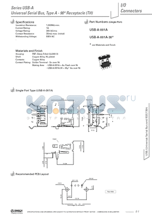 USB-A-001A-30 datasheet - Universal Serial Bus, Type A - 90` Receptacle
