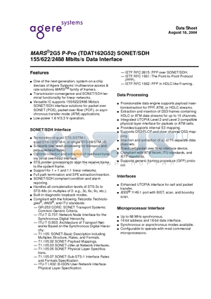 TDAT162G52 datasheet - MARS^2G5 P-Pro (TDAT162G52) SONET/SDH 155/622/2488 Mbits/s Data Interface