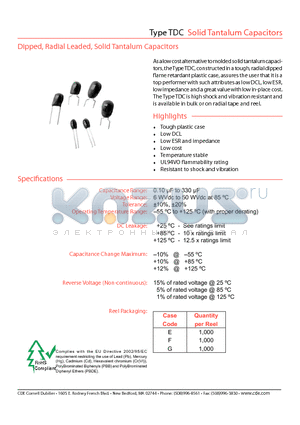 TDC105025NSE-F datasheet - Dipped, Radial Leaded, Solid Tantalum Capacitors