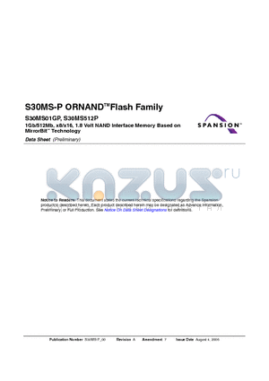 S30MS01GP25BAW003 datasheet - 1Gb/512Mb, x8/x16, 1.8 Volt NAND Interface Memory Based on MirrorBit Technology