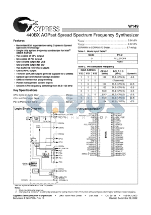 W149 datasheet - 440BX AGPset Spread Spectrum Frequency Synthesizer