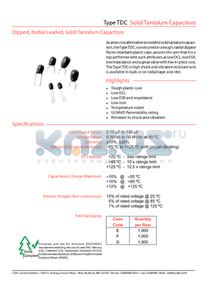 TDC107010WSG-F datasheet - Dipped, Radial Leaded, Solid Tantalum Capacitors