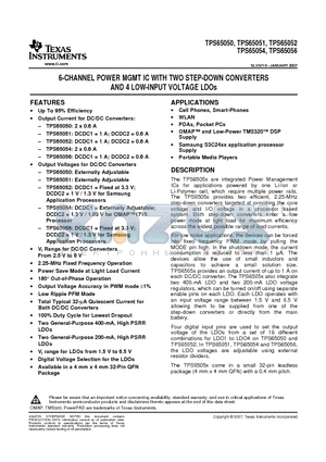 TPS65050RSMTG4 datasheet - 6-CHANNEL POWER MGMT IC WITH TWO STEP-DOWN CONVERTERS AND 4 LOW-INPUT VOLTAGE LDOs