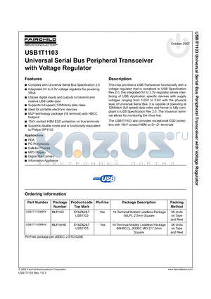 USB1T1103MPX datasheet - Universal Serial Bus Peripheral Transceiver with Voltage Regulator