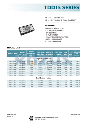 TDD15-05S3 datasheet - DC - DC CONVERTER 12 ~ 15W SINGLE & DUAL OUTPUT