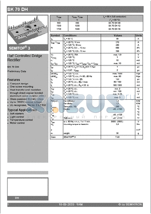 SK70DH08 datasheet - Half Controlled Bridge Rectifier