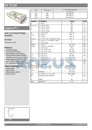 SK70DH/08 datasheet - Half Controlled Bridge Rectifier