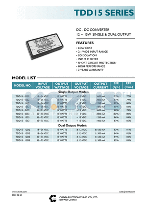 TDD15-12D3 datasheet - DC - DC CONVERTER 12 ~ 15W SINGLE & DUAL OUTPUT