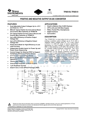 TPS65130RGE datasheet - POSITIVE AND NEGATIVE OUTPUT DC-DC CONVERTER