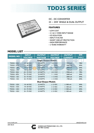 TDD25-12S2 datasheet - DC - DC CONVERTER 23 ~ 25W SINGLE & DUAL OUTPUT