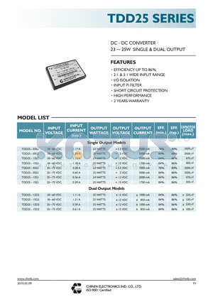 TDD25-15D2 datasheet - DC - DC CONVERTER 23 ~ 25W SINGLE & DUAL OUTPUT