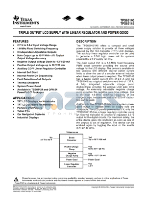 TPS65140PWP datasheet - TRIPLE OUTPUT LCD SUPPLY WITH LINEAR REGULATOR AND POWER GOOD