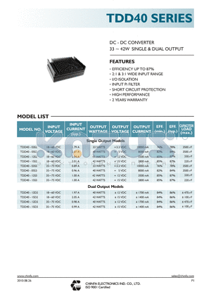 TDD40-03S3 datasheet - DC - DC CONVERTER 33 ~ 42W SINGLE & DUAL OUTPUT