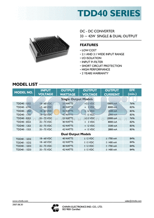 TDD40-05S2 datasheet - DC - DC CONVERTER 33 ~ 42W SINGLE & DUAL OUTPUT