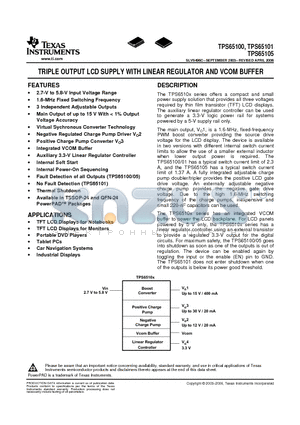 TPS65105RGE datasheet - TRIPLE OUTPUT LCD SUPPLY WITH LINEAR REGULATOR AND VCOM BUFFER