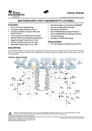 TPS65160PWPG4 datasheet - BIAS POWER SUPPLY FOR TV AND MONITOR TFT LCD PANELS