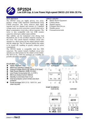 SP2524 datasheet - Low ESR Cap. & Low Power High-speed CMOS LDO With CE Pin