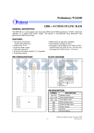 W24100Q-70L datasheet - 128K X 8 CMOS STATIC RAM