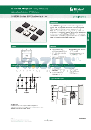 SP2504N datasheet - The SP2504N integrates 4 channels of low capacitance diodes with an additional zener diode to protect sensitive I/O pins against lightning induced surge events and ESD.
