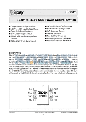 SP2525-2EN/TR datasheet - 3.0V to 5.5V USB Power Control Switch