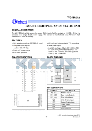 W241024AI-20 datasheet - 128L X 8 HIGH SPEED CMOS STATIC RAM