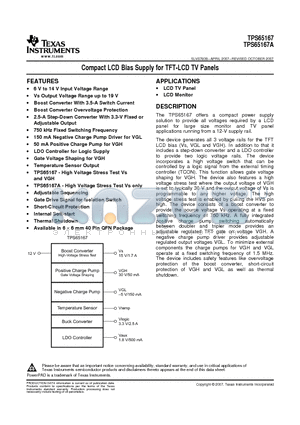 TPS65167RHAR datasheet - Compact LCD Bias Supply for TFT-LCD TV Panels