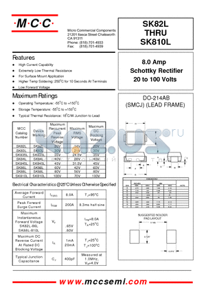 SK810L datasheet - 8.0 Amp Schottky Rectifier 20 to 100 Volts
