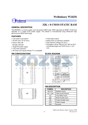 W24256-70LL datasheet - 32K X 8 CMOS STATIC RAM