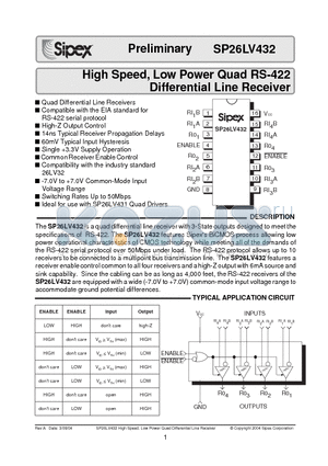 SP26LV432CN datasheet - High Speed, Low Power Quad RS-422 Differential Line Receiver