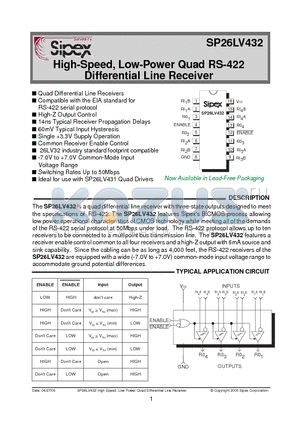 SP26LV432 datasheet - High-Speed, Low-Power Quad RS-422 Differential Line Receiver